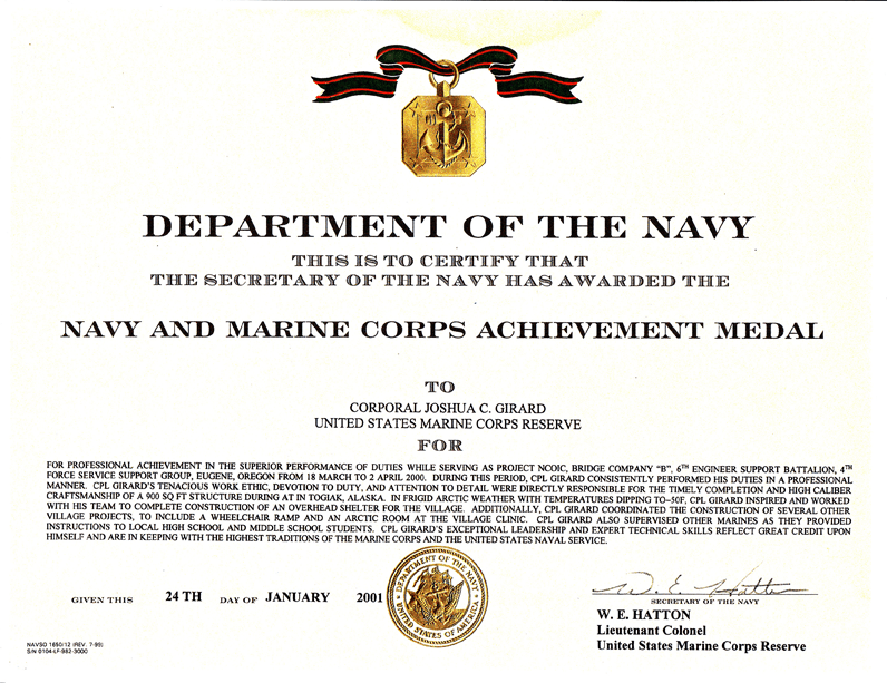  Achievement Medal, U.S. Nave and U.S. Marines 