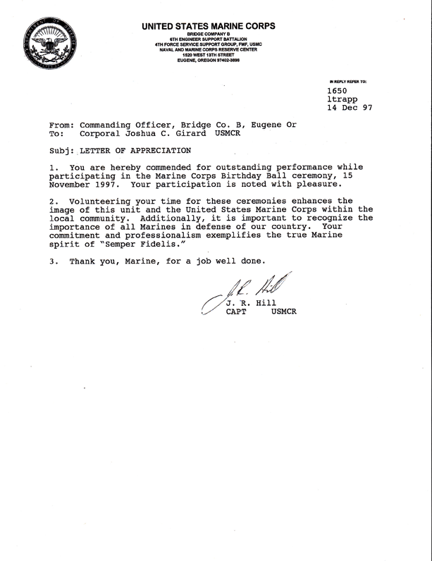 Letter Of Appreciation, U.S. Marines 