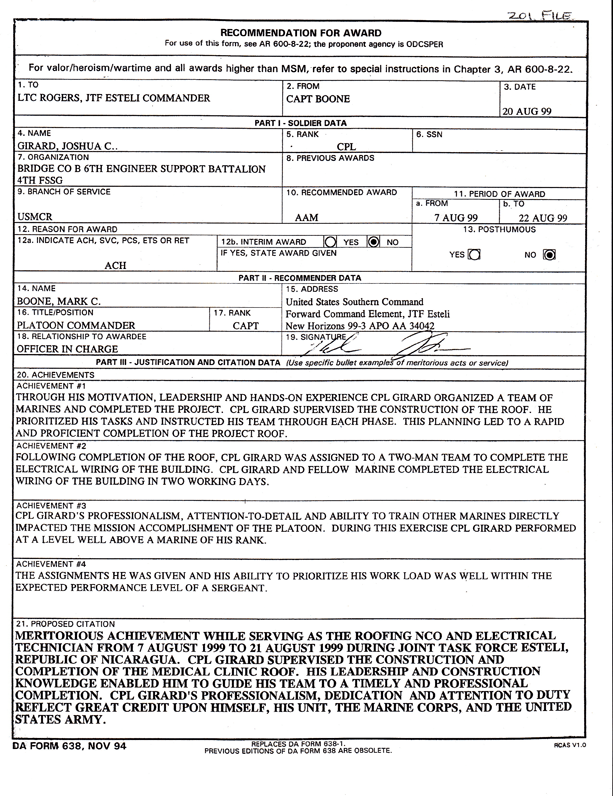  Recommendation For Award, U.S. Marines 